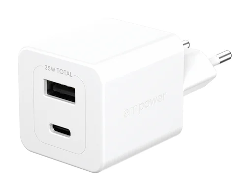 Turbo 35W Charger Incl. USB-C USB-A EU Plug Silver White