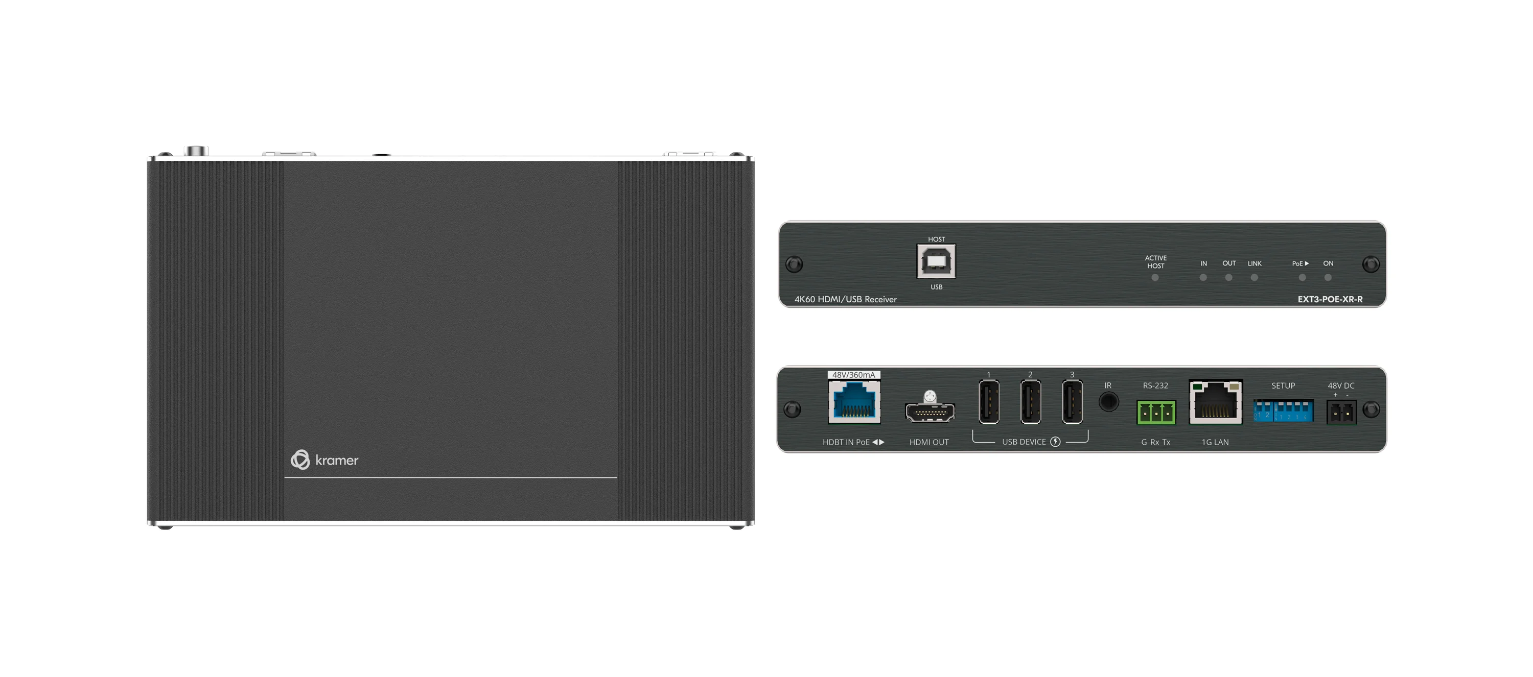 EXT3-POE-XR-R – HDBaseT 3.0 Receiver für 4K60 4:4:4 HDMI, USB, Ethernet, RS–232 und IR, mit eXtra Reichweite und bidirektionalem PoE