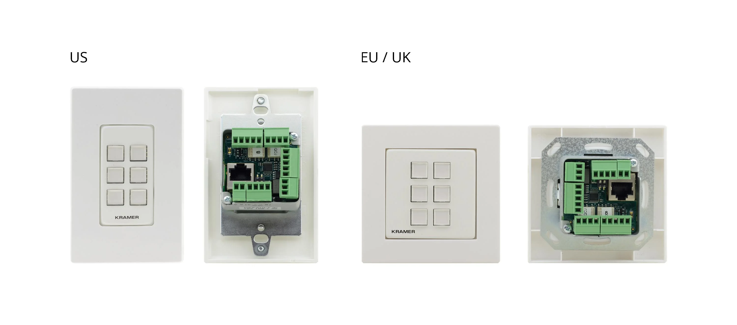 RC-306/EU–80/86(W) – EU/UK–Size 6–button 1–Gang Control Keypad, with 1 EU-Size & 1 UK-Size White Frame and 1 White Faceplate
