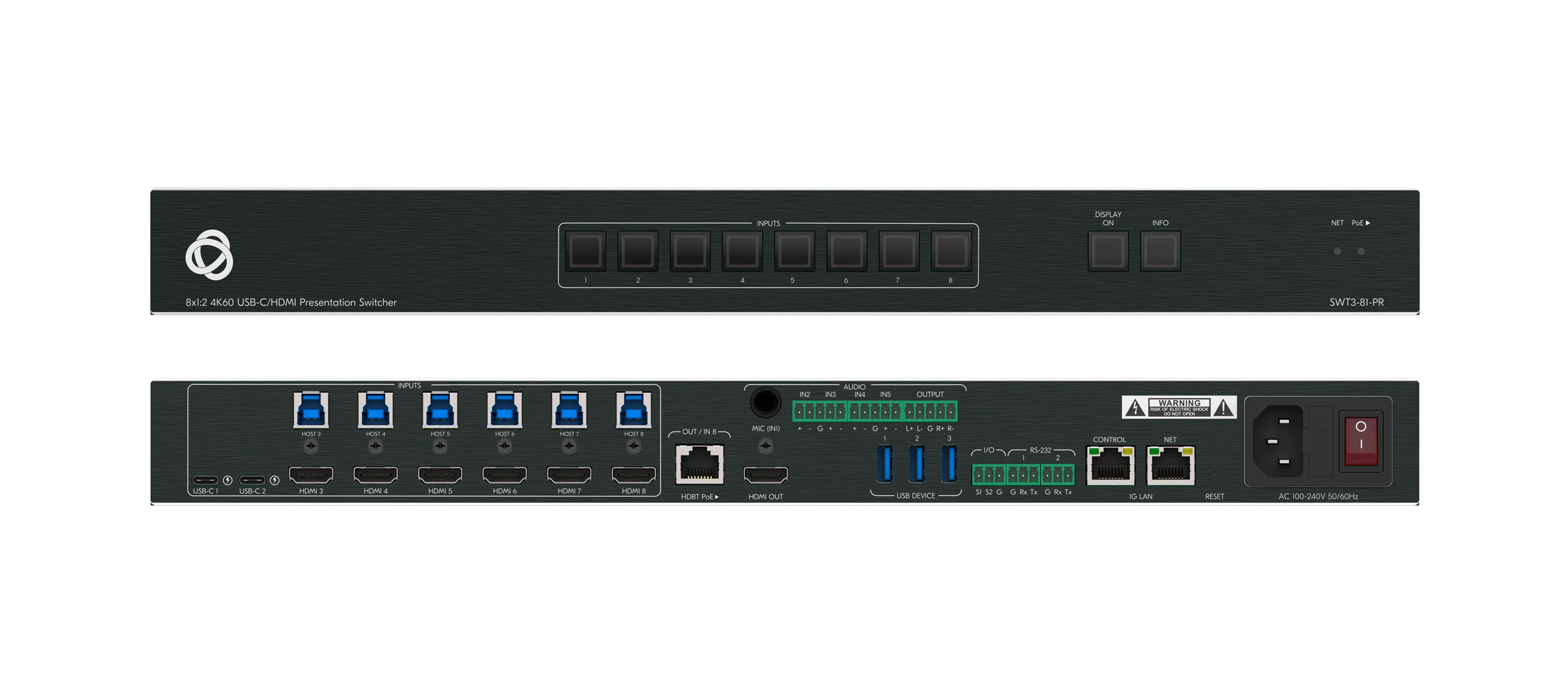 SWT3-81-PR – 8x1:2 4K60 USB−C/HDMI Presentation Switcher