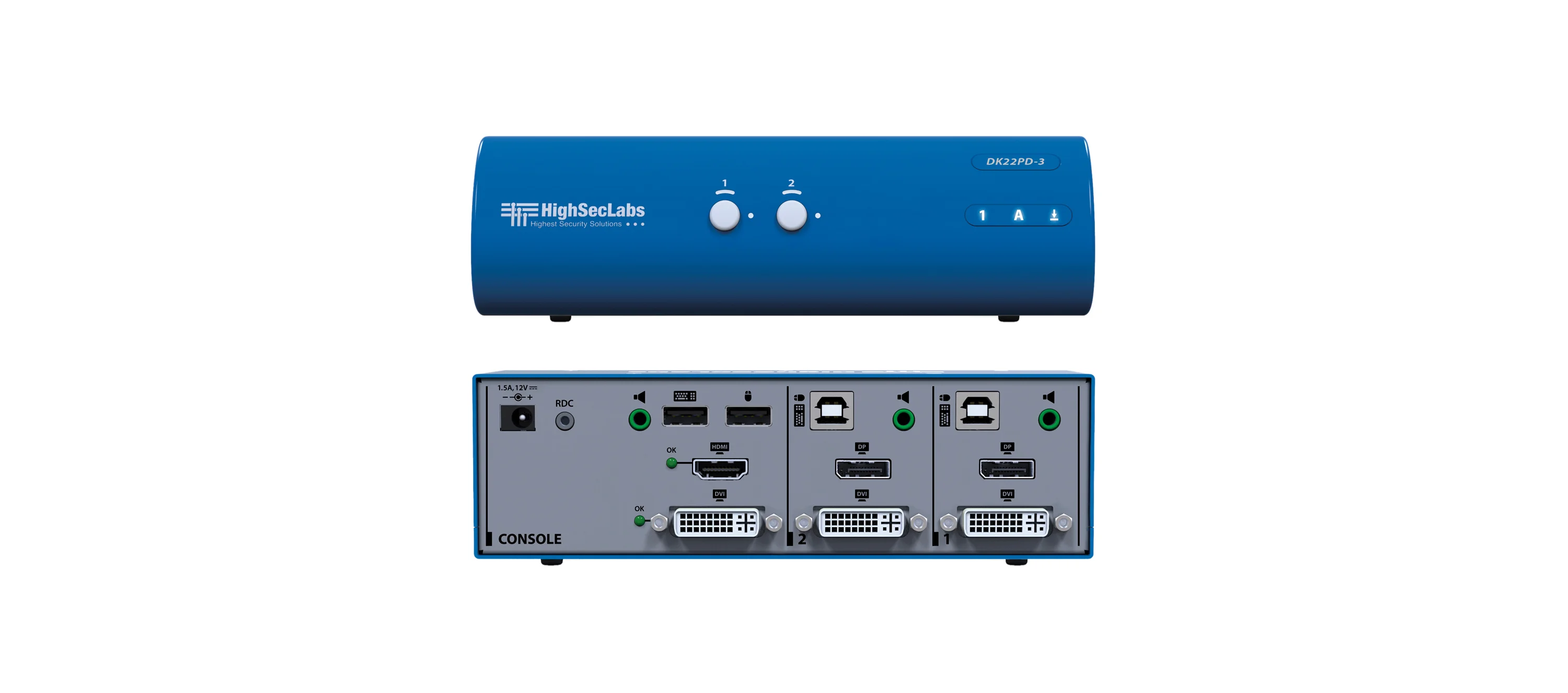 DK22PD-3 – HighSecLabs Sicherer Dual Head 2-Port 4K30 UHD DVI-I- und DisplayPort KVM-Switch