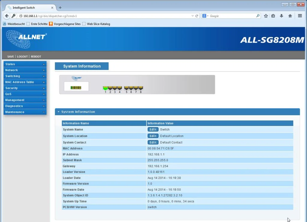 ALLNET Switch smart managed 8 Port Gigabit / 8x LAN / Lüfterlos / " ALL-SG8208M"