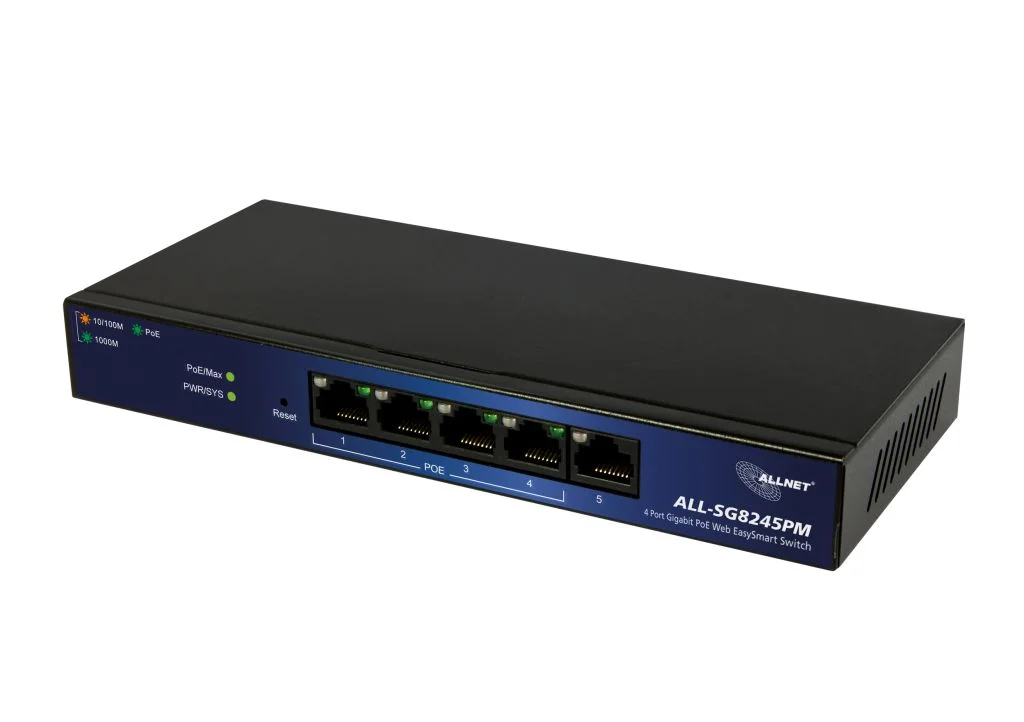 ALLNET Switch smart managed 5 Port Gigabit 60W / 4x PoE+ / 1x LAN / Lüfterlos " ALL-SG8245PM"