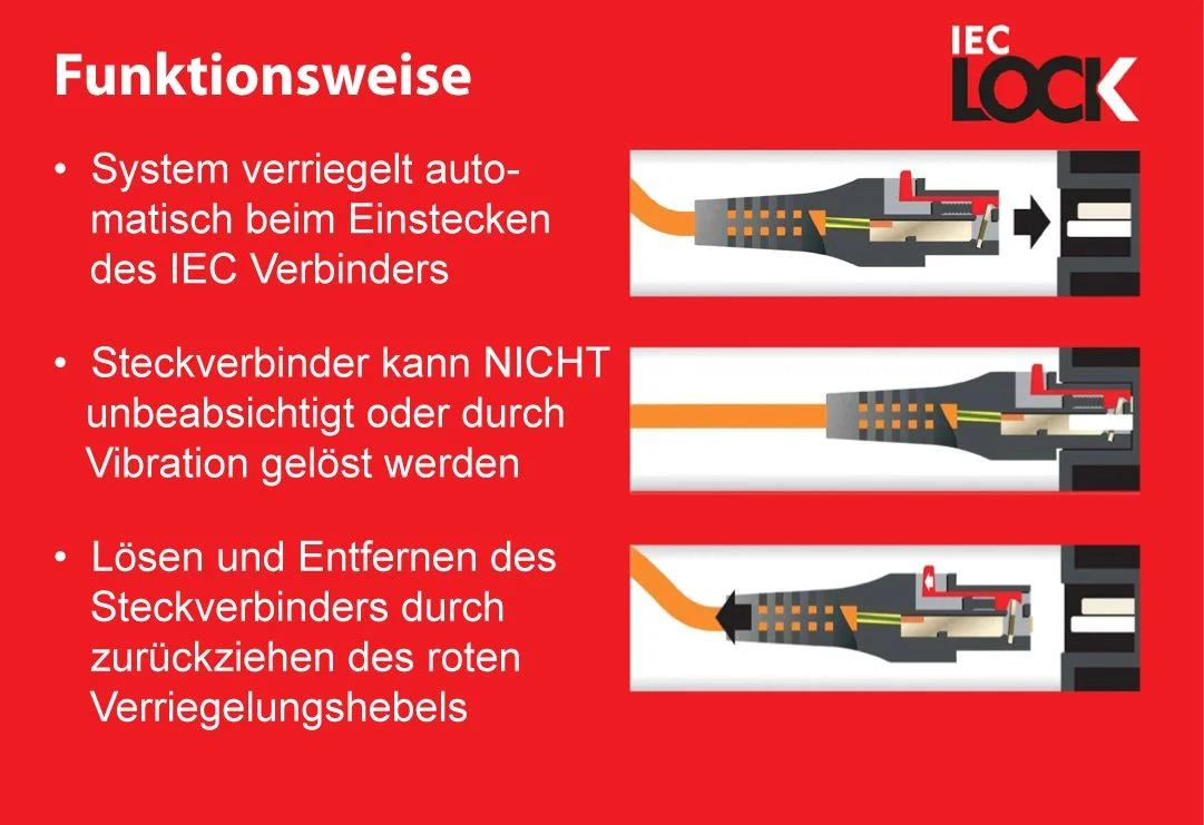 Netzkabel 230V Schutzkontakt CEE7(Stecker)->Kaltgeräte IEC-C13(Buchse), 3m, Black IEC Lock