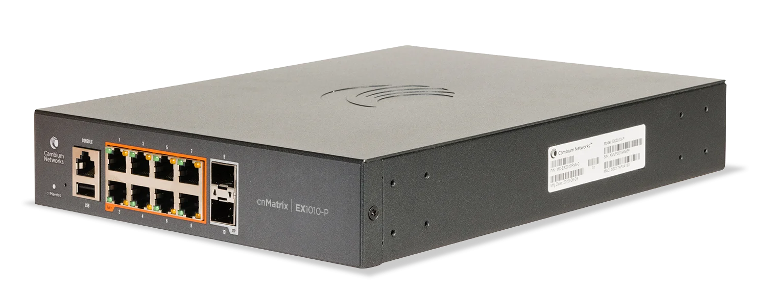 Cambium Switch full managed Layer2 10 Port • 8x 1 GbE • PoE Budget 75 Watt • 8x PoE at • 2x SFP • 10” • Lüfterlos, cnMaestro • EX1010-P