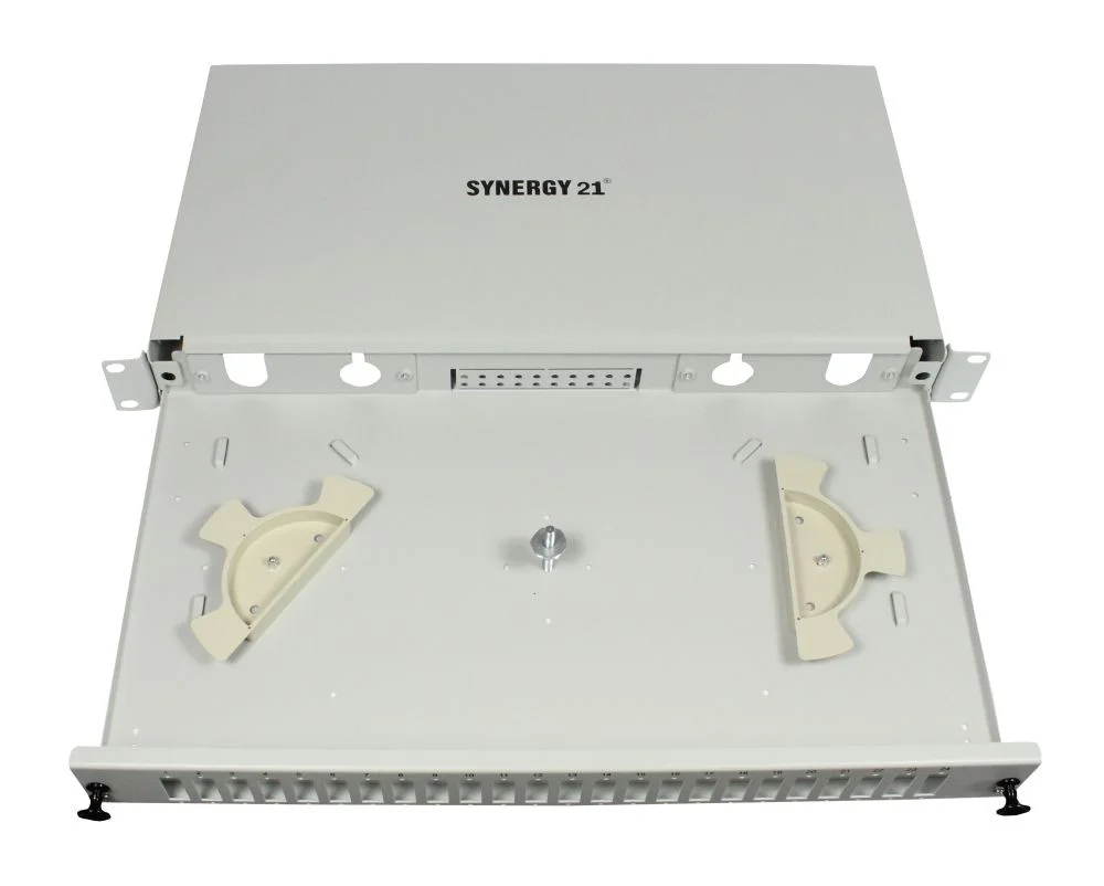 LWL-Patchpanel für 24xSC-Duplex/LC-Quad-Buchsen, 19"/1HE, ohne SC/LC-Kupplungen, Lichtgrau, Synergy 21,