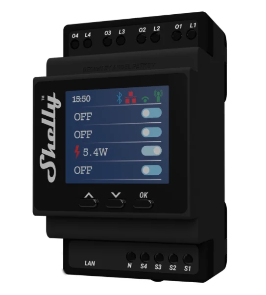 Shelly · Hutschiene · " Pro 4PM" · Relais · max. 40A · 1 Phase · 4 Kanäle · Messfunktion · WLAN · LAN · BT