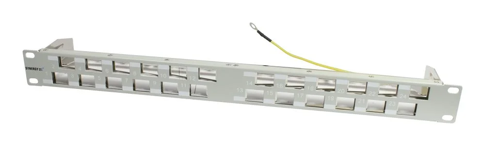 Patch Panel 24xTP, CAT6A, incl.Keystone Slim-line/Short 3P, 19", 1HE(t 96mm) 45Grad Schrägauslass, Lichtgrau, Synergy 21,