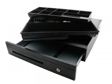 Kasse Metall-Kassenlade AC4250 , 8 Münz-, 5 Scheinfächern, Kunststofffront, DC24V RJ12 mit Micro Switch, Schwarz