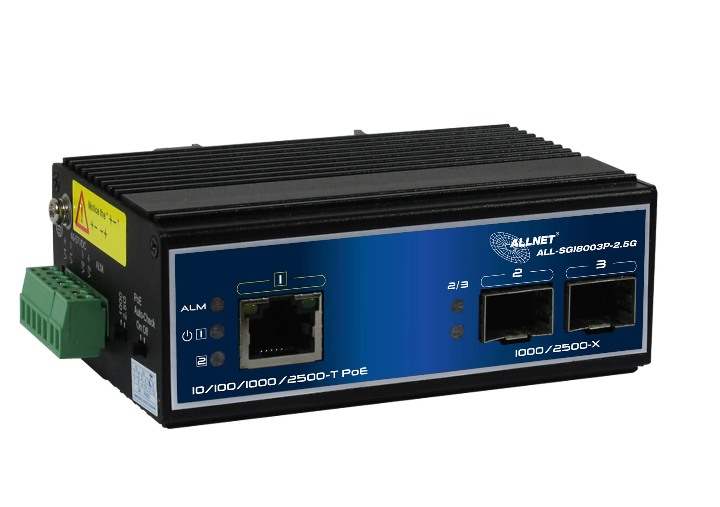 ALLNET Switch industrial unmanaged Layer2 3 Port 2.5 GbE • PoE Budget 90W • 1x PoE bt • 2x SFP 1G/2.5G • Lüfterlos • DIN • IP40 • ALL-SGI8003P-2.5G