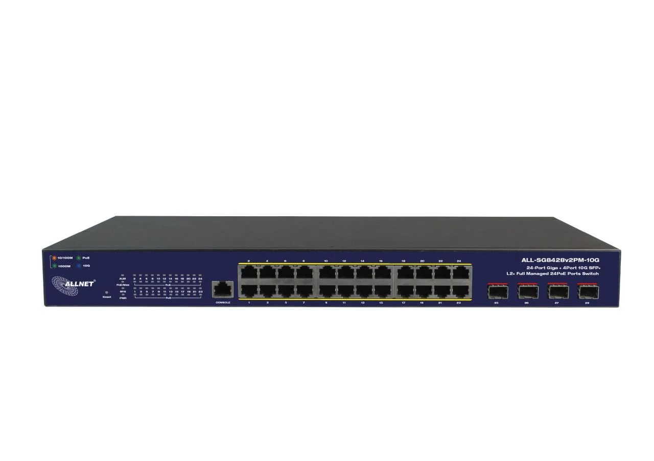 ALLNET Switch smart managed Layer2 28 Port • 24x 1 GbE • PoE Budget 400W • 4x SFP+ • 19" • Lüfterlos • ALL-SG8428v2FPM-10G