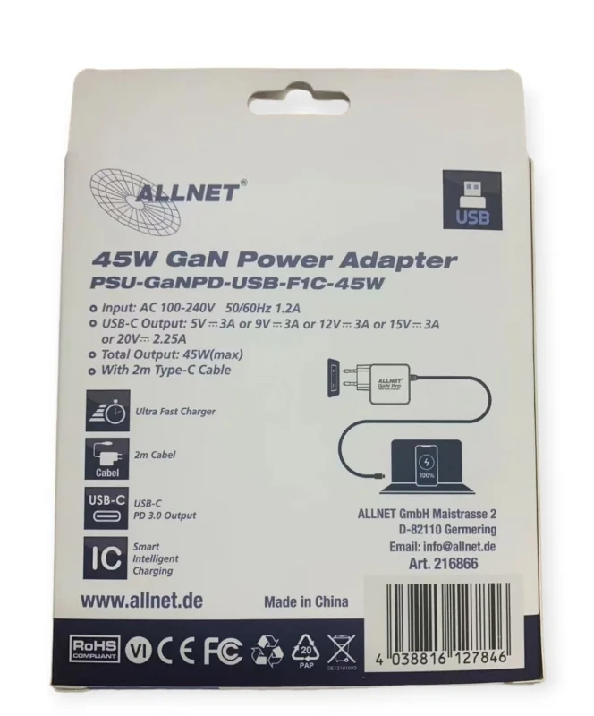 ALLNET Ersatznetzteil QC USB-C PD GaN Netzteil Power Supply 45 Watt 1x USB Typ-C mit 2m festem Kabel**EU PLUG**