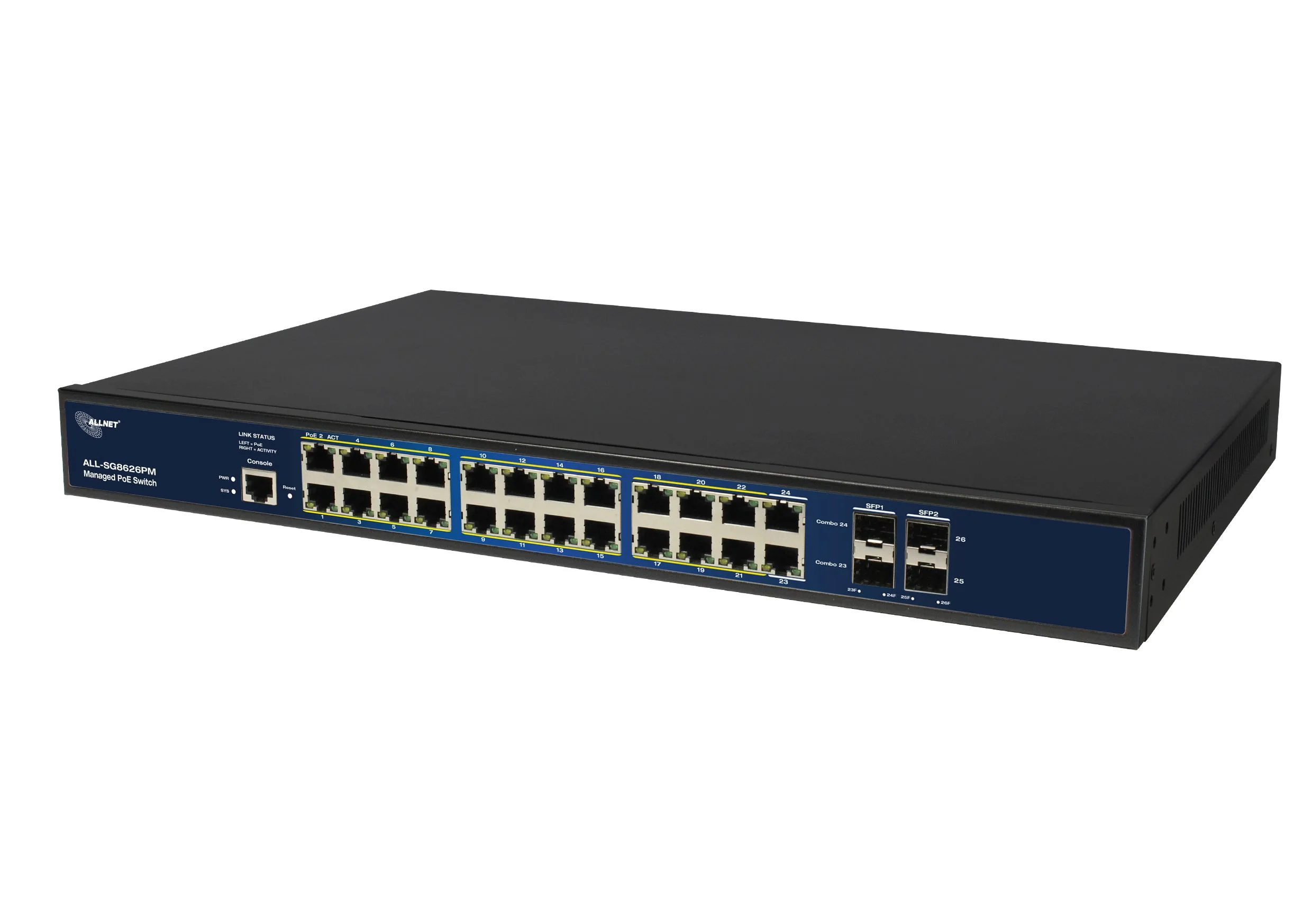 ALLNET Switch full managed Layer2+ 26 Port • 24x GbE • PoE Budget 370W • 22x PoE at • 2x Combo • 2x SFP • 19" • Lüfterlos • JSON API • ALL-SG8626PMJ