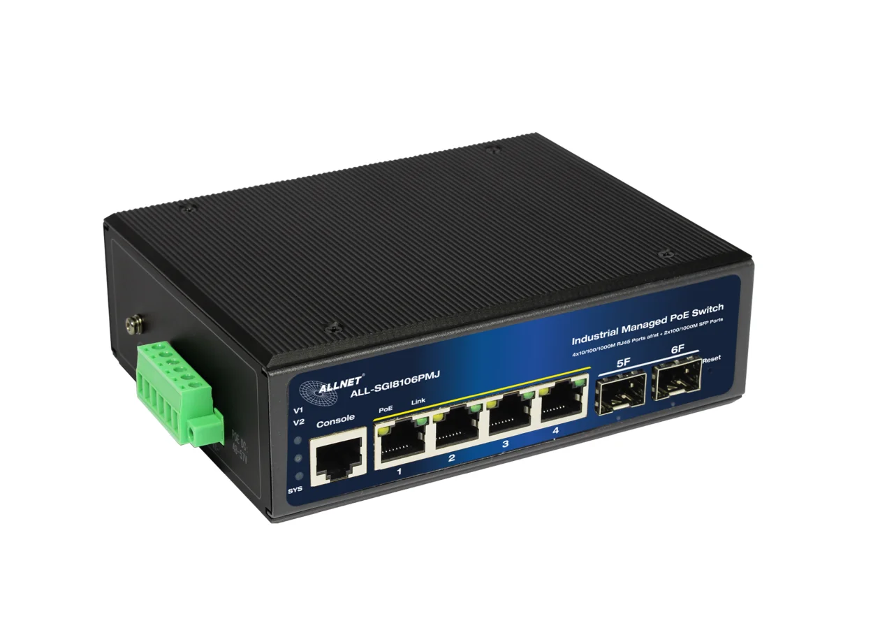 ALLNET Switch industrial full managed Layer2+ 6 Port GbE • PoE Budget 120W • 4x PoE at • 2x SFP • Lüfterlos • DIN • JSON • ALL-SGI8106PMJ