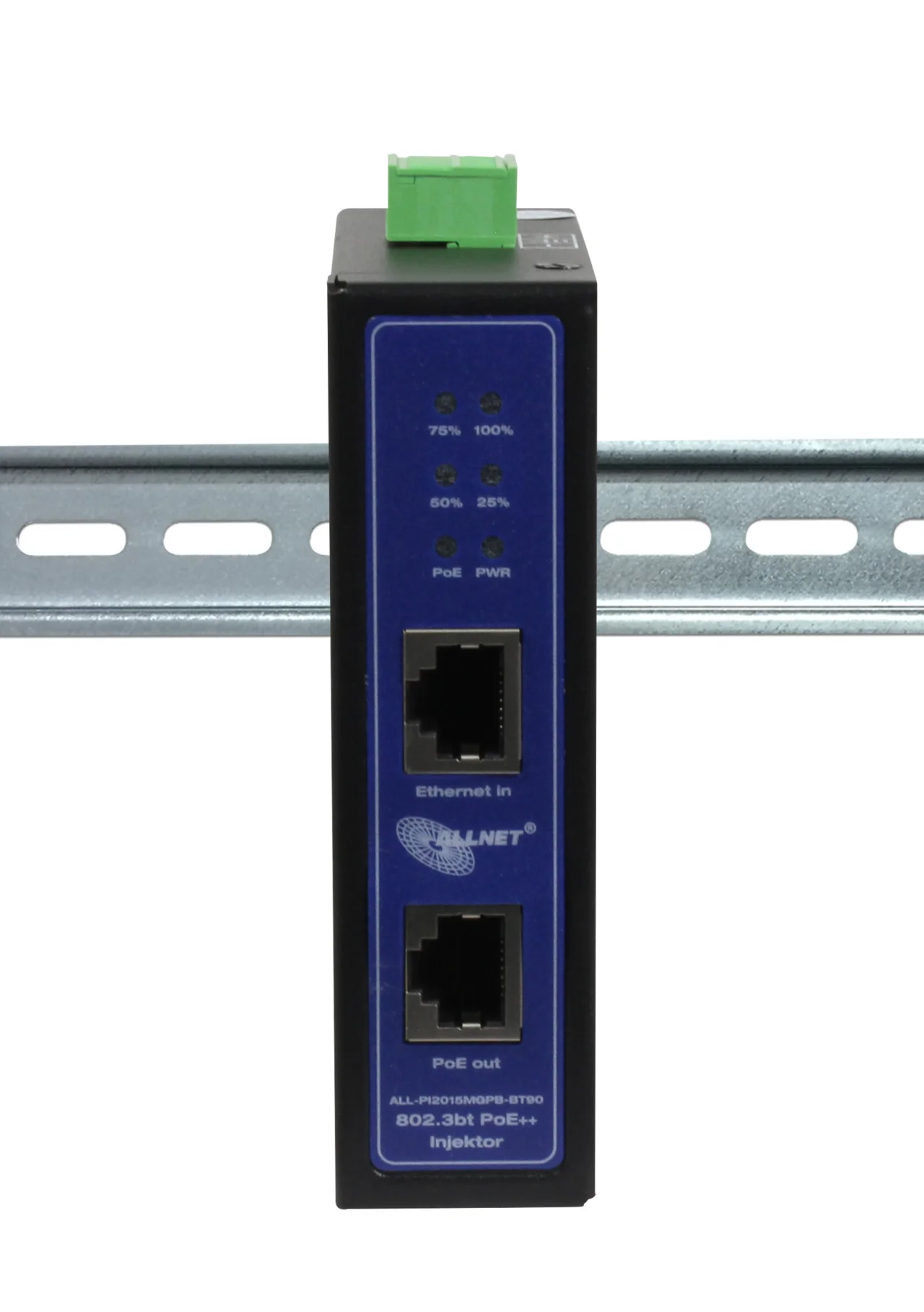 ALLNET PoE Injektor Industrial MultiGigabit • PoE BT mit Power-Booster (15,4W/30W/90W) • DIN • ALLNET PoE Injekt Metallgehäuse • ALL-PI2015MGPB-BT90