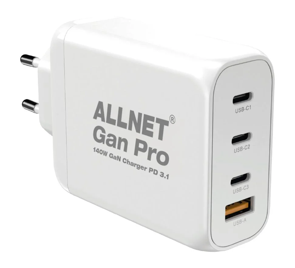 ALLNET Ersatznetzteil QC USB-C PD 3.1 GaN Netzteil Power Supply 140 Watt 1x USB Typ-A QC 3.0, 3x USB Typ-C**EU PLUG**
