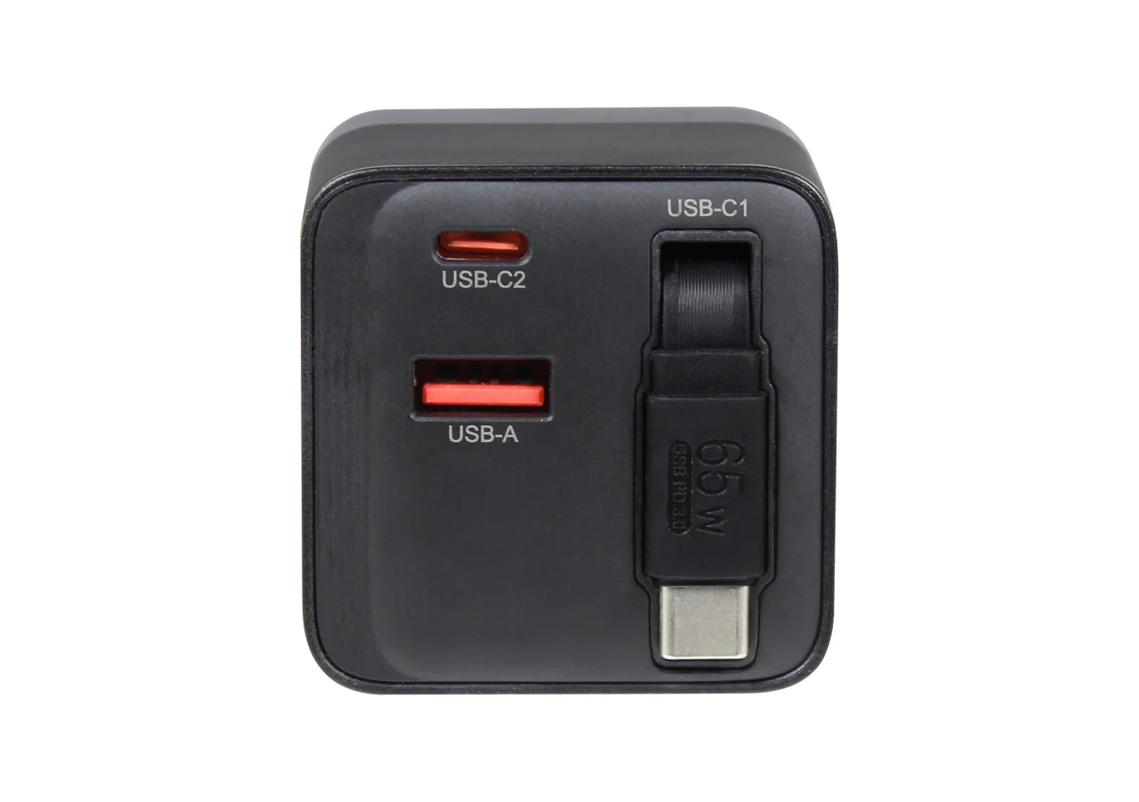 ALLNET Ersatznetzteil QC USB-C PD GaN Netzteil Power Supply 65 Watt 1x USB Typ-A QC, 1x USB Typ-C/ 1x USB Typ-C ausziehbar **EU PLUG** schwarz