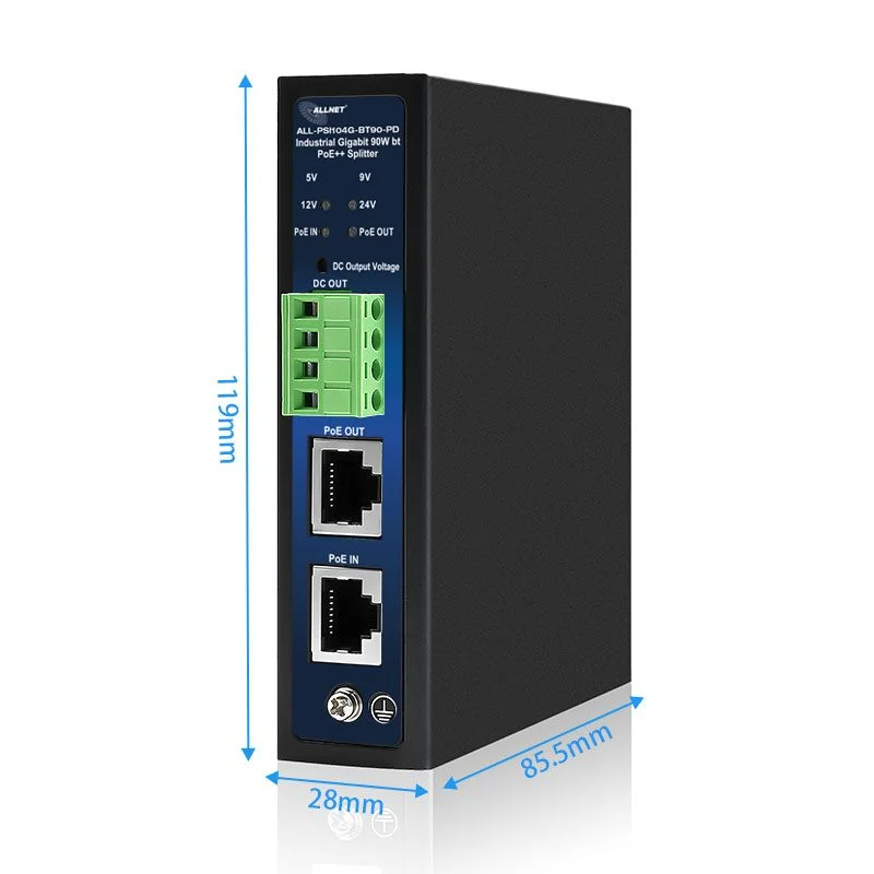 ALLNET PoE Splitter/Extractor industrial • 1x GbE PoE BT IN • 1x GbE PoE Out • 5V/9V/12V/24V adjustable • DIN-Rail • ALL-PSI104G-BT90-PD