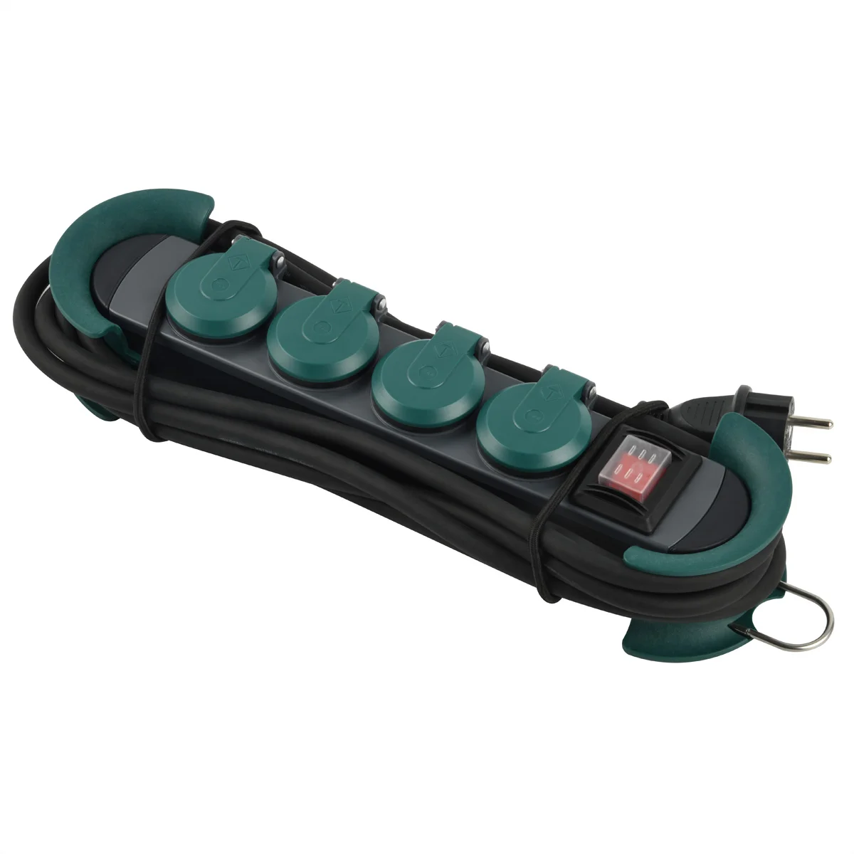 BACHMANN HOOK Outdoor 4x Schutzkontakt, Kunststoff, mit Schalter und Klappdeckeln, IP44, 4 m