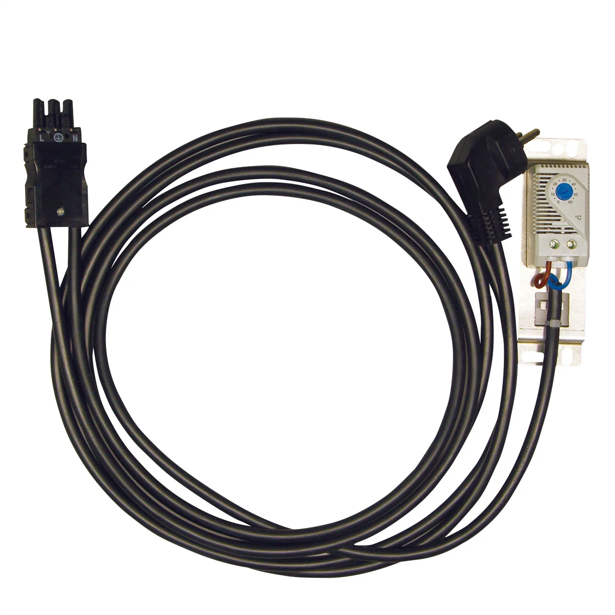 Netzanschlusskabel mit Temperaturregler für Lüftereinschub an Schutzkontaktstecker