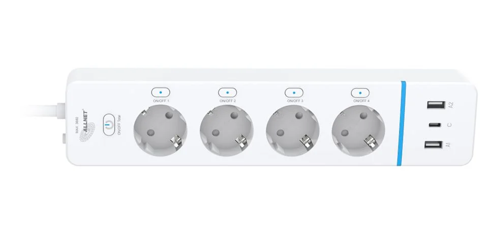 ALLNET ESP32 WiFi Schaltsteckdosenleiste ALL3079-4 Smart Plug 4Fach Steckdosenleiste / 2x USB-A & 1x USB C Ladefunktion