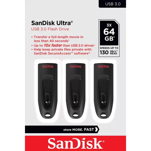Ultra 64GB USB 3.0 Flash Drive 130MB/S Read 3 Pack (Black)
