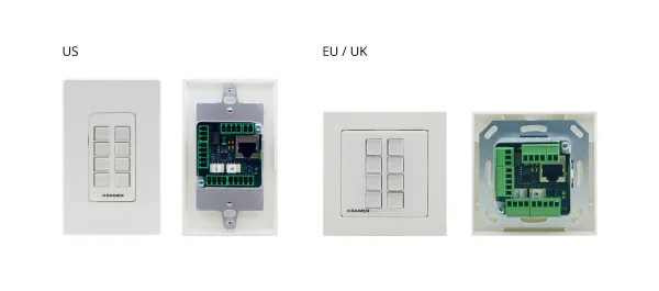 RC-308/EU–80/86(W) – EU/UK–Size 8–button 1–Gang Control Keypad, with 1 EU-Size & 1 UK-Size White Frame and 1 White Faceplate