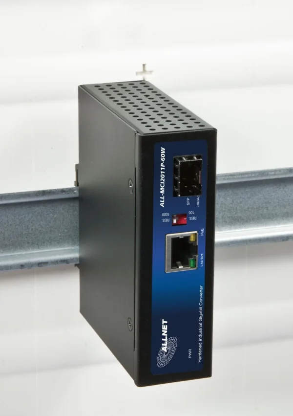 ALLNET Medienkonverter Industrial PoE (15,4W/30W/60W) auf 1000BASE-SX/-LX Single-/ Multimode SFP Mini-GBIC Anschluss / DIN / " ALL-MCI2011P-60W"