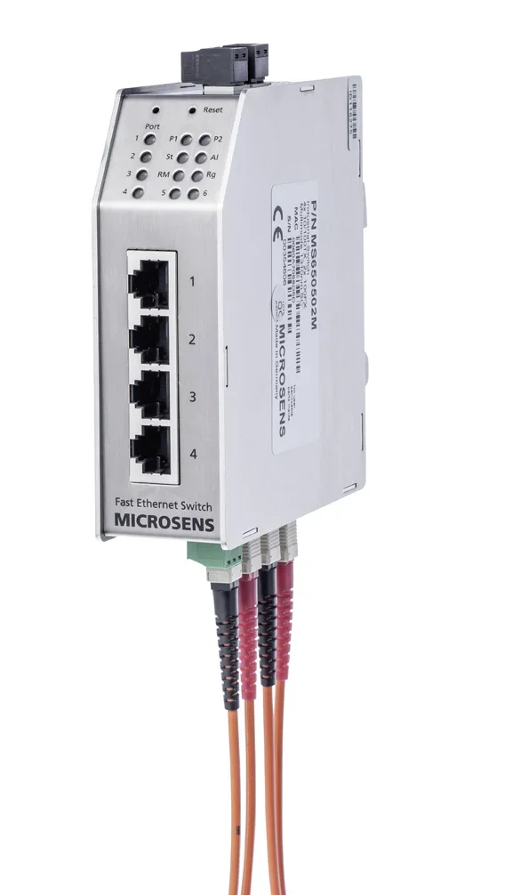 Microsens Industrie 6 Port Fast Ethernet Switch mit Ring-Funktion, 2 x ST duplex (Multimode), 4 x RJ45, MS650501M