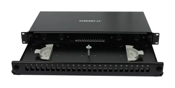 LWL-Patchpanel Spleisbox,19", 12xLC-Duplex-Buchsen, OM3, 50/125u Multimode, incl.Pigtails, Schwarz, Synergy 21,