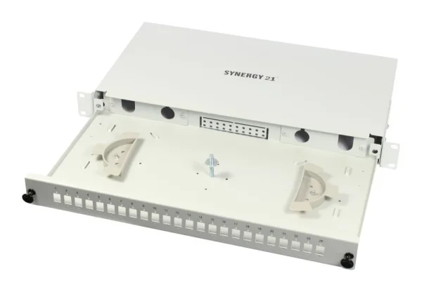 LWL-Patchpanel Spleisbox,19", 24xLSH(E2000APC)-Simplex-Buchsen, OS2, 9/125u Singlemode, incl.Pigtails, Lichtgrau, Synergy 21,