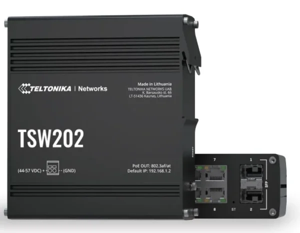 Teltonika · Switch · TSW202 · 8 Port Gigabit Industrial managed PoE+ Switch, 2 SFP