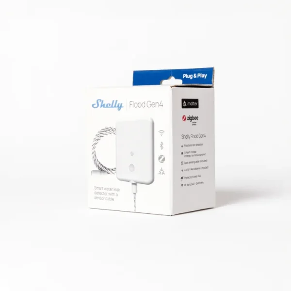Shelly · Plug & Play · " Flood Gen4" · Wasserleckage- & Regensensor · WLAN · Matter · Zigbee · Bluetooth · Batterie (enthalten)