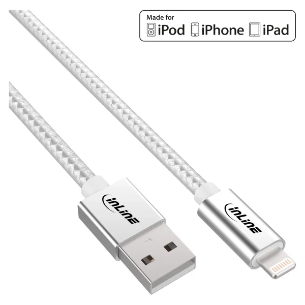 InLine® Lightning USB Kabel, für iPad, iPhone, iPod, silber/Alu, 2m MFi-zert.