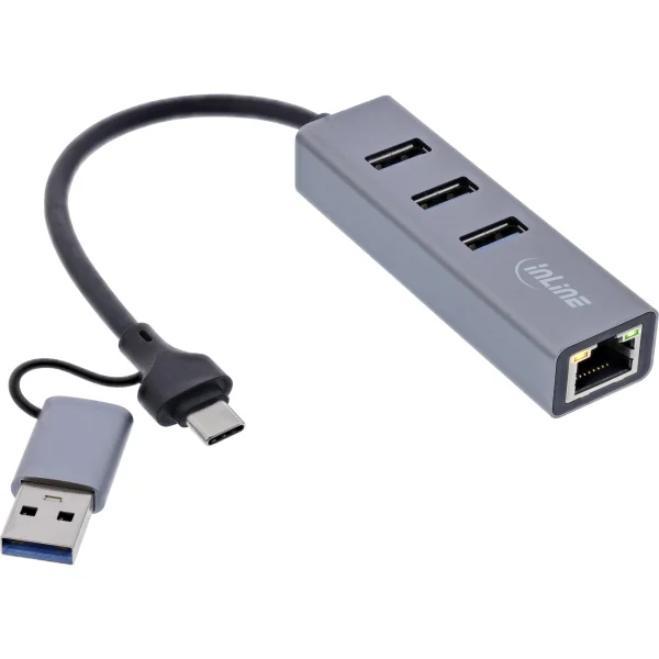 InLine® 4in1 Gigabit Hub, USB-C & USB-A, 1x RJ45, 3x USB 3.2 Gen.1