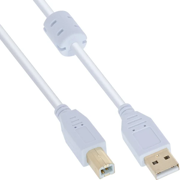 InLine® USB 2.0 Kabel, A an B, weiß / gold, mit Ferritkern, 0,5m