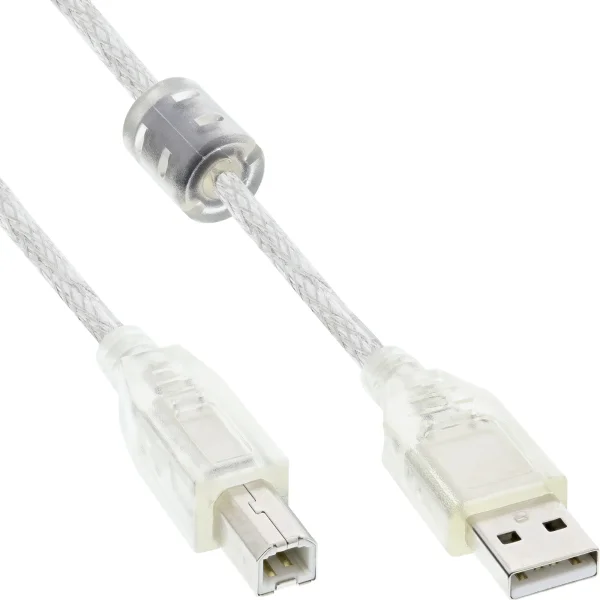 InLine® USB 2.0 Kabel, A an B, transparent, mit Ferritkern, 2m