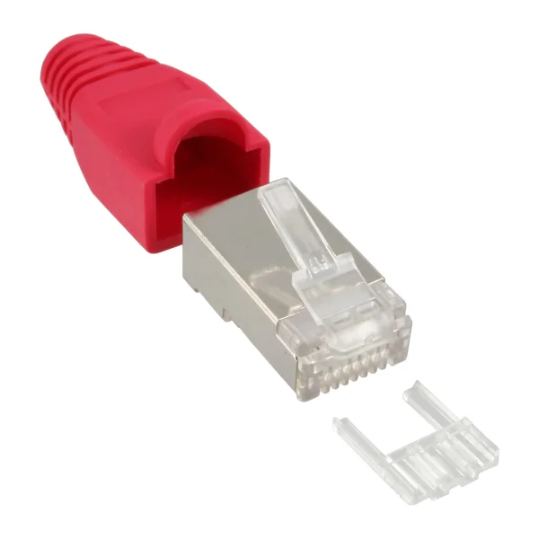 InLine® Crimpstecker RJ45 geschirmt, Knickschutz rot & Einfädelhilfe, 10er Pack
