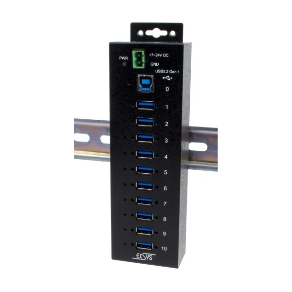 EXSYS EX-1510HMVS 10 Port USB 3.2 Gen1 Managed Metall HUB mit 15KV ESD Überspannungs-Schutz Din-Rail