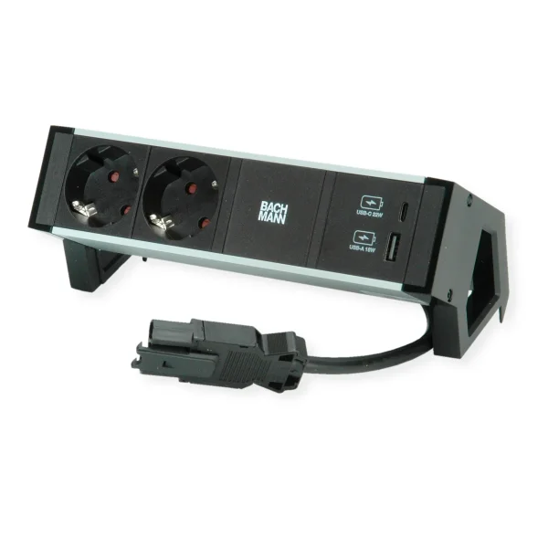 BACHMANN DESK2 ALU BLACK 2xSchutzkt.USB, USB Charger 22W A&C 0,2m GST18