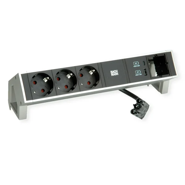 BACHMANN DESK2 3xCEE7/3 1x CM USB Charger A/C 22W, 0,2m GST18 INOX