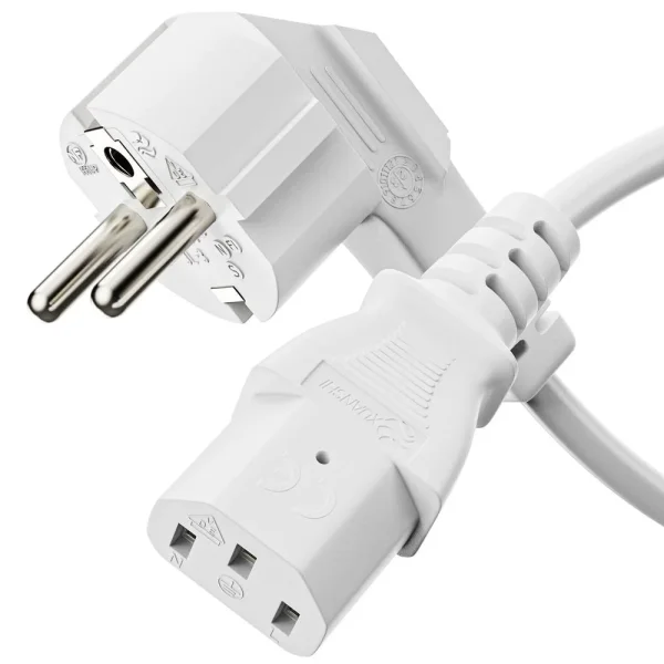 Netzkabel - Sicherheitsstecker 90° auf IEC-Buchse (C13) gerade. Weiß. 2.00m
