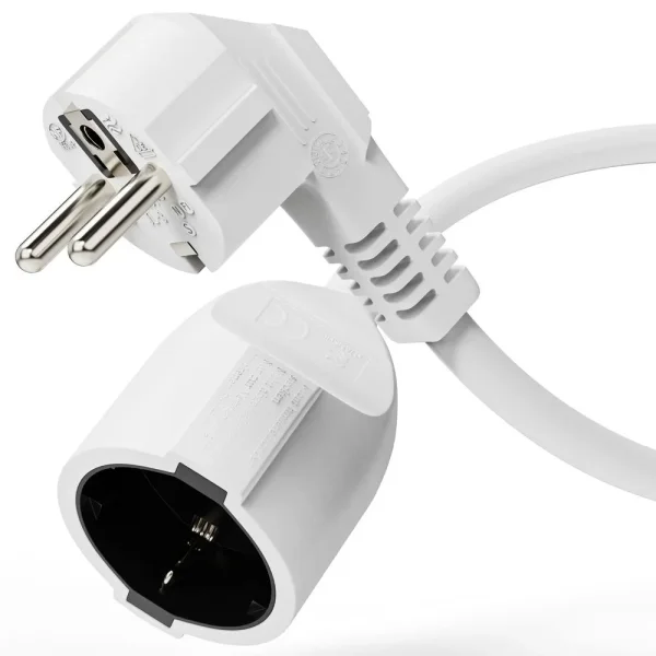 Netzkabelverlängerung - Sicherheitsstecker 90° auf Sicherheitssteckdose gerade. Weiß. 2.00m