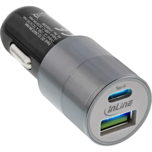 InLine® USB 36W KFZ Ladegerät QC 3.0, USB-A + USB-C, PD 3.0, 12/24V DC, schwarz