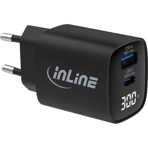 InLine® USB PD Netzteil, GaN Ladegerät, QC, USB-C + USB-A, 30W, mit Display