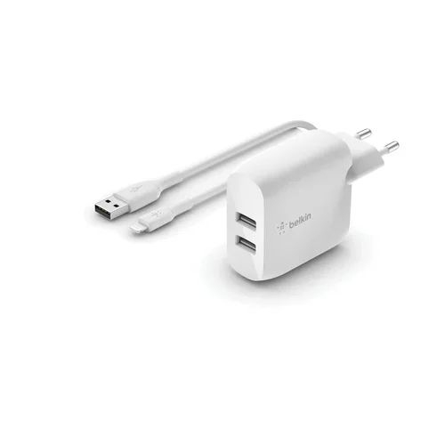 Dual USB-A Charger W/Lightning Cable 1M 24W White
