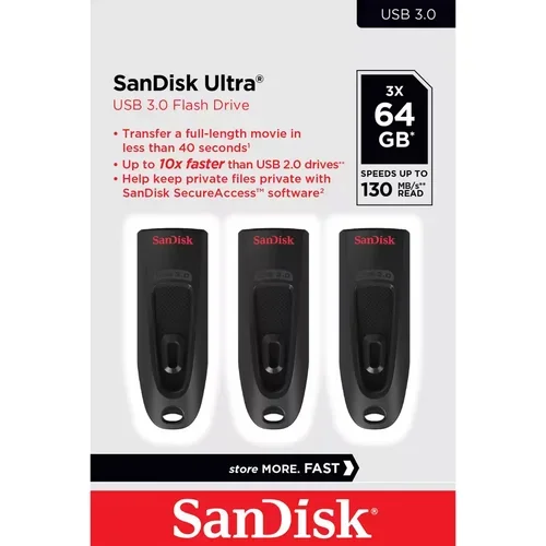 Ultra 64GB USB 3.0 Flash Drive 130MB/S Read 3 Pack (Black)