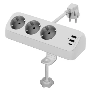 VALUE Tischsteckdosenleiste. 3-fach + 3x USB (2x A + 1x C), PD 32W, Tischklemm