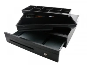 Kasse Metall-Kassenlade AC4250 , 8 Münz-, 5 Scheinfächern, Kunststofffront, DC24V RJ12 mit Micro Switch, Schwarz