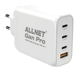 ALLNET Ersatznetzteil QC USB-C PD 3.1 GaN Netzteil Power Supply 140 Watt 1x USB Typ-A QC 3.0, 3x USB Typ-C**EU PLUG**